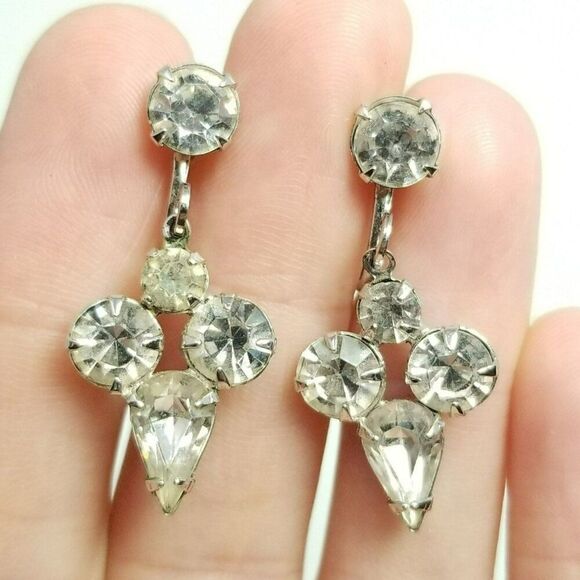Vintage Dangle Rhinestone Clip On Earrings, Silver Tone Screw Backs, Retro - Picture 1 of 6